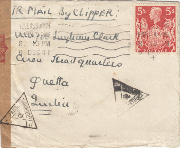 143269 1941 AIRMAIL HELENSBURGH, SCOTLAND TO QUETTA, INDIA KGVI 5s RED (SG477).