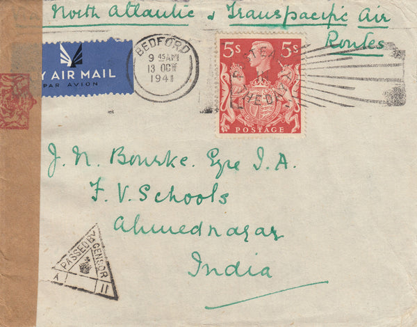 143272 1941 AIRMAIL BEDFORD TO AHMEDNAGAR, INDIA KGVI 5s RED (SG477).