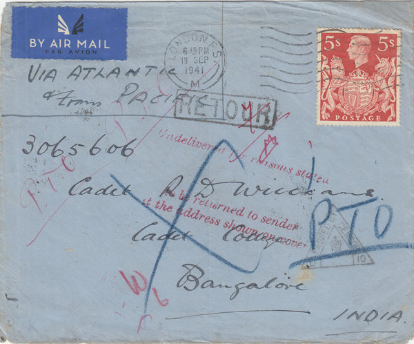 143273 1941 AIRMAIL LONDON TO BANGALORE, INDIA KGVI 5s RED (SG477) RETURNED TO SENDER.