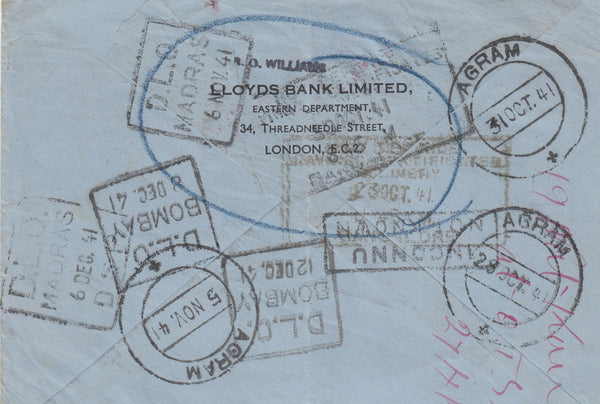 143273 1941 AIRMAIL LONDON TO BANGALORE, INDIA KGVI 5s RED (SG477) RETURNED TO SENDER.