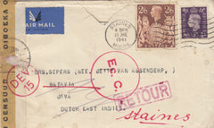 143276 1941 AIRMAIL STAINES, MIDDLESEX TO BATAVIA, JAVA, DUTCH EAST INDIES 3d (SG467) AND 2/6 BROWN (SG476).