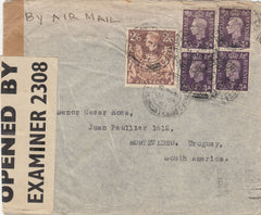 143277 1941 AIRMAIL STOKE ON TRENT, STAFFS TO MONTEVIDEO, URUGUAY KGVI 3d (SG467) X 4, 2/6 BROWN (SG476).