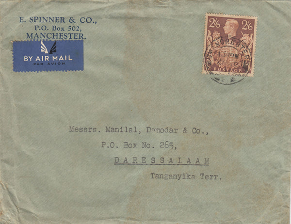 143278 1941 AIRMAIL MANCHESTER TO DAR ES SALAAM, TANGANYIKA KGVI 2/6 BROWN (SG476).