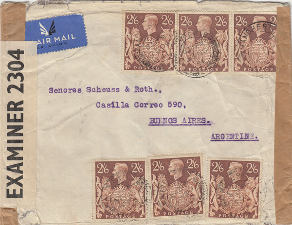 143280 1941 AIRMAIL MANCHESTER TO BUENOS AIRES, ARGENTINE KGVI 2/6 BROWN (SG476) X SIX.