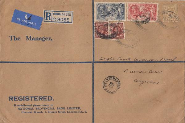 143282 1935 REGISTERED AIRMAIL LONDON TO BUENOS AIRES, ARGENTINE KGV 1s, KGV 1 ½d X 2 AND RE-ENGRAVED SEAHORSES 5s AND 10s (SG451/452).