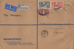 143282 1935 REGISTERED AIRMAIL LONDON TO BUENOS AIRES, ARGENTINE KGV 1s, KGV 1 ½d X 2 AND RE-ENGRAVED SEAHORSES 5s AND 10s (SG451/452).
