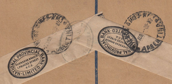 143282 1935 REGISTERED AIRMAIL LONDON TO BUENOS AIRES, ARGENTINE KGV 1s, KGV 1 ½d X 2 AND RE-ENGRAVED SEAHORSES 5s AND 10s (SG451/452).