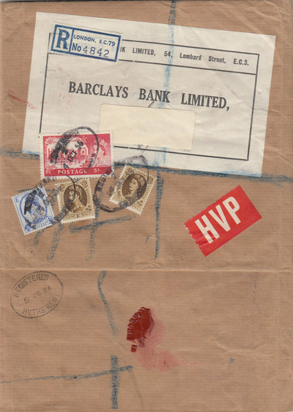 143284 1956 ENTIRE PARCEL WRAPPER SENT REGISTERED 'HIGH VALUE PACKET' SERVICE FROM BARCLAYS LONDON TO BARCLAYS HYTHE, KENT WITH 5s CASTLE AND WILDING ISSUES.