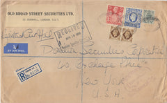 143285 1950 LARGE ENVELOPE REGISTERED AIRMAIL LONDON TO NEW YORK KGVI 4d (SG468), PAIR 1s (SG475), FINE 5s RED (SG477) AND FINE 10s ULTRAMARINE (SG478b).