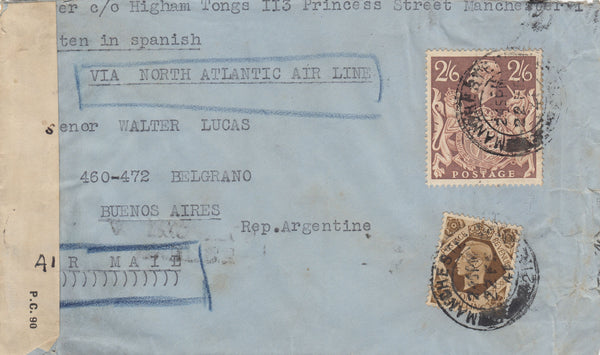 143286 1941 AIRMAIL MANCHESTER TO BUENOS AIRES, ARGENTINE KGVI 1s (SG475) 2/6 BROWN (SG476).