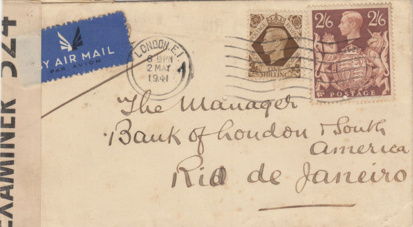 143287 1941 AIRMAIL LONDON TO RIO DE JANERIO, BRAZIL KGVI 1s (SG475) 2/6 BROWN  (SG476).