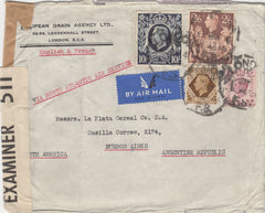 143288 1941 AIRMAIL LONDON TO BUENOS AIRES, ARGENTINE KGVI 6d (SG470), 1s (SG475) 2/6 BROWN (SG476) AND 10s DARK BLUE (SG478).