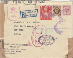 143289 1941 REGISTERED AIRMAIL LONDON TO NEW YORK, U.S.A. KGVI 6d (SG470), 1s (SG475) AND 5s RED (SG477).