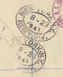 143289 1941 REGISTERED AIRMAIL LONDON TO NEW YORK, U.S.A. KGVI 6d (SG470), 1s (SG475) AND 5s RED (SG477).