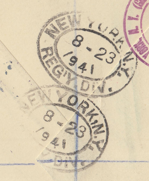 143289 1941 REGISTERED AIRMAIL LONDON TO NEW YORK, U.S.A. KGVI 6d (SG470), 1s (SG475) AND 5s RED (SG477).