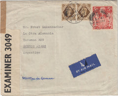 143291 1942 AIRMAIL LONDON TO BUENOS AIRES, ARGENTINE KGVI 1s (SG475) X 2 AND 5s RED (SG477).