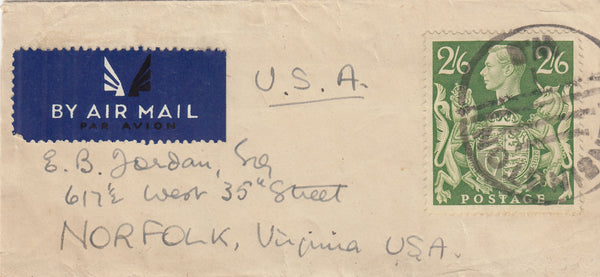 143293 CIRCA 1942 NEWSPAPER WRAPPER LONDON TO NORFOLK, VIRGINIA, U.S.A. KGVI 2/6 YELLOW-GREEN (SG476b).