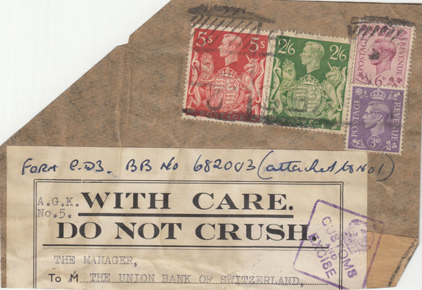 143294 CIRCA 1942 PART PARCEL WRAPPER LONDON TO OVERSEAS, 3d (SG490), 6d (SG470) 2/6 YELLOW-GREEN (SG476b) AND 5s RED (SG477).