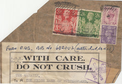 143294 CIRCA 1942 PART PARCEL WRAPPER LONDON TO OVERSEAS, 3d (SG490), 6d (SG470) 2/6 YELLOW-GREEN (SG476b) AND 5s RED (SG477).