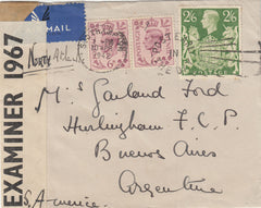143295 1942 AIRMAIL SOUTHAMPTON TO BUENOS AIRES, ARGENTINE KGVI 6d (SG470) X 2 AND 2/6 YELLOW-GREEN (SG476b).