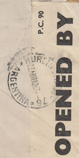 143295 1942 AIRMAIL SOUTHAMPTON TO BUENOS AIRES, ARGENTINE KGVI 6d (SG470) X 2 AND 2/6 YELLOW-GREEN (SG476b).