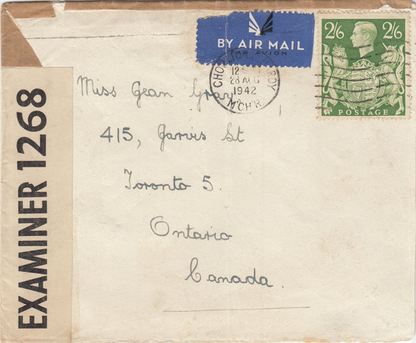 143296 1942 AIRMAIL CHORLTON  CUM HARDY, MANCHESTER' TO ONTARIO, CANADA KGVI 2/6 YELLOW-GREEN (SG476b).