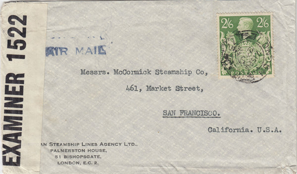 143297 1942 AIRMAIL LONDON TO SAN FRANCISCO, U.S.A. KGVI 2/6 YELLOW-GREEN (SG476b).