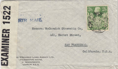 143297 1942 AIRMAIL LONDON TO SAN FRANCISCO, U.S.A. KGVI 2/6 YELLOW-GREEN (SG476b).