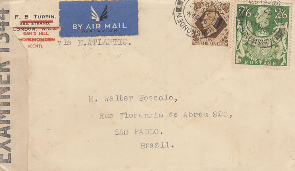 143298 1942 AIRMAIL HORSMONDEN, KENT TO SAO PAULO, BRAZIL KGVI 1s (SG475) AND FINE 2/6 YELLOW-GREEN (SG476b).