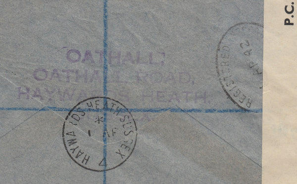 143299 1942 REGISTERED AIRMAIL HAYWARDS HEATH, SUSSEX TO BUENOS AIRES, ARGENTINE KGVI 3d  (SG490), 1s (SG475) 2/6 YELLOW-GREEN (SG476b).