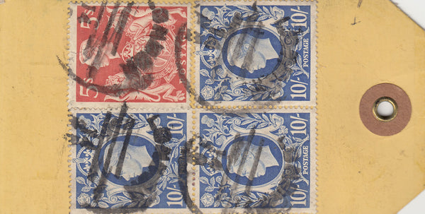 143300 CIRCA 1942 UNADDRESSED YELLOW PARCEL TAG 5s RED (SG477), 10s ULTRAMARINE (SG478b) X SEVEN AND OTHER ISSUES.
