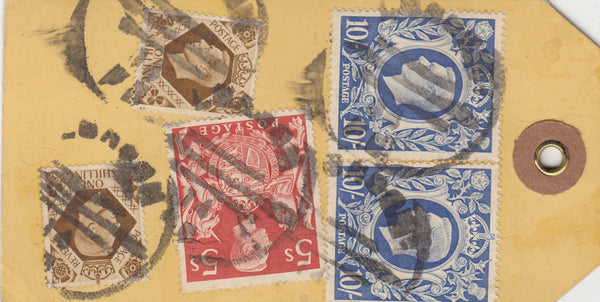 143301 CIRCA 1942 UNADDRESSED YELLOW PARCEL TAG 5s RED (SG477) 10s ULTRAMARINE (SG478b) X SIX AND OTHER ISSUES.