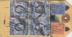 143302 CIRCA 1942 UNADDRESSED YELLOW PARCEL TAG 10s ULTRAMARINE X SEVEN AND OTHER ISSUES.