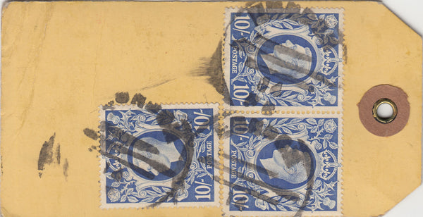 143302 CIRCA 1942 UNADDRESSED YELLOW PARCEL TAG 10s ULTRAMARINE X SEVEN AND OTHER ISSUES.