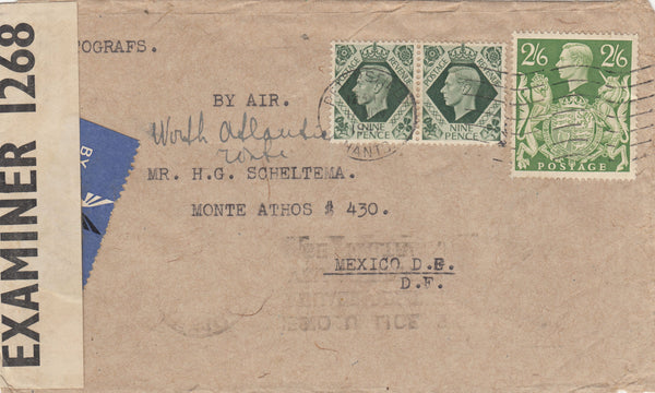 143303 1942 AIRMAIL PETERSFIELD, HANTS TO MEXICO KGVI 9d (SG473) X 2 AND 2/6 YELLOW-GREEN (SG476b).