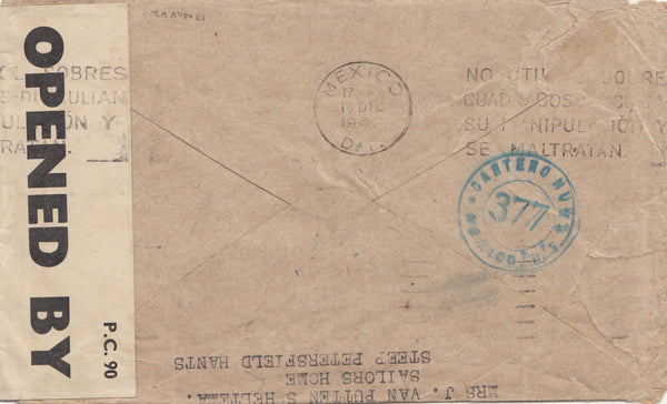 143303 1942 AIRMAIL PETERSFIELD, HANTS TO MEXICO KGVI 9d (SG473) X 2 AND 2/6 YELLOW-GREEN (SG476b).