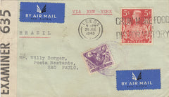 143325 1940 AIRMAIL LEEDS TO A POSTA RESTANTE, SAO PAULO, BRAZIL KGV1 5s RED (SG477) AND BRAZILIAN 200R PAYING POSTA RESTANTE FEE.