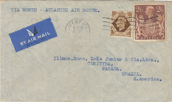 143327 1939 AIRMAIL LIVERPOOL TO PARANA, BRAZIL KGVI 1s (SG475) 2/6 BROWN (SG476).
