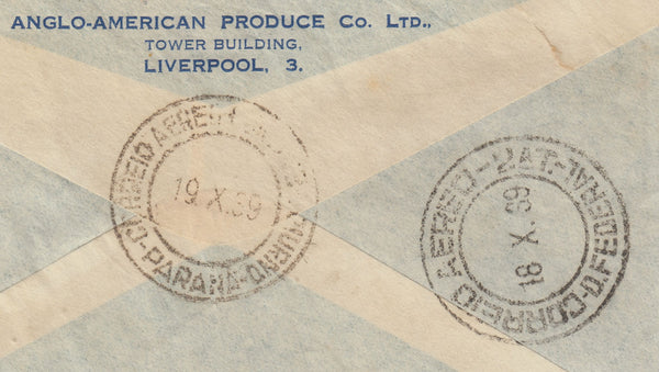 143327 1939 AIRMAIL LIVERPOOL TO PARANA, BRAZIL KGVI 1s (SG475) 2/6 BROWN (SG476).