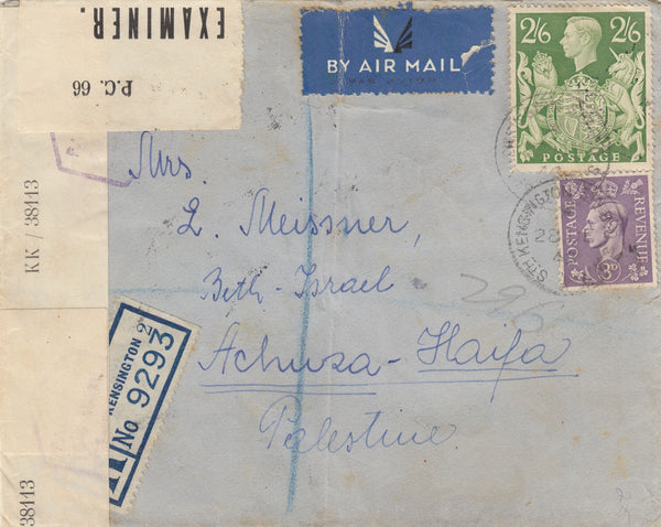 143329 1943 REGISTERED AIRMAIL SOUTH KENSINGTON, LONDON TO HAIFA, PALESTINE KGVI 3d (SG490) 2/6 YELLOW-GREEN (SG476b).