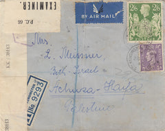 143329 1943 REGISTERED AIRMAIL SOUTH KENSINGTON, LONDON TO HAIFA, PALESTINE KGVI 3d (SG490) 2/6 YELLOW-GREEN (SG476b).