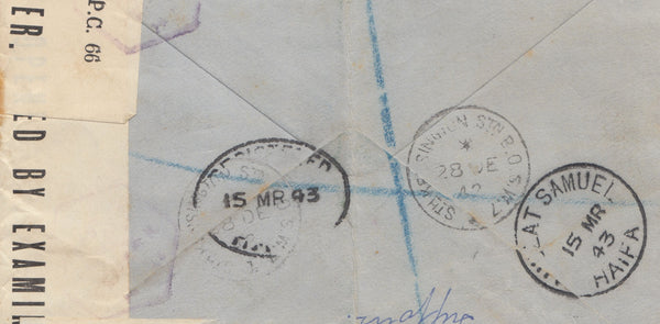 143329 1943 REGISTERED AIRMAIL SOUTH KENSINGTON, LONDON TO HAIFA, PALESTINE KGVI 3d (SG490) 2/6 YELLOW-GREEN (SG476b).
