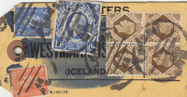 143330 CIRCA 1942 UNADDRESSED YELLOW PARCEL TAG 10s ULTRAMARINE (SG478b) X SEVEN AND OTHER ISSUES.