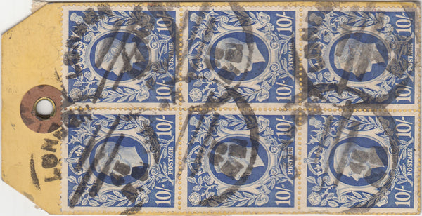 143330 CIRCA 1942 UNADDRESSED YELLOW PARCEL TAG 10s ULTRAMARINE (SG478b) X SEVEN AND OTHER ISSUES.