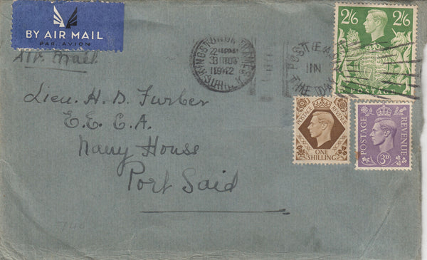 143331 1942 AIRMAIL KINGSTON ON THAMES/SURREY TO PORT SAID, EGYPT KGVI 3D (SG490), 1s (SG475) AND FINE 2/6 YELLOW-GREEN (SG476b).
