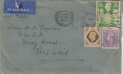 143331 1942 AIRMAIL KINGSTON ON THAMES/SURREY TO PORT SAID, EGYPT KGVI 3D (SG490), 1s (SG475) AND FINE 2/6 YELLOW-GREEN (SG476b).