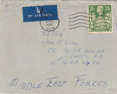 143332 1942 AIRMAIL BATH, SOMERSET TO 'MIDDLE EAST FORCES' KGVI 2/6 YELLOW-GREEN (SG476b).