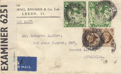 143333 1942 AIRMAIL LEEDS TO BUENOS AIRES, ARGENTINE KGVI 1s (SG475) X 2, 2/6 YELLOW-GREEN (SG476b) X 2.