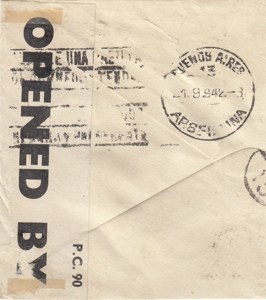 143333 1942 AIRMAIL LEEDS TO BUENOS AIRES, ARGENTINE KGVI 1s (SG475) X 2, 2/6 YELLOW-GREEN (SG476b) X 2.