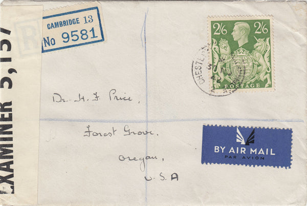 143334 1943 REGISTERED AIRMAIL CAMBRIDGE TO OREGON, U.S.A. KGVI 2/6 YELLOW-GREEN (SG476b).